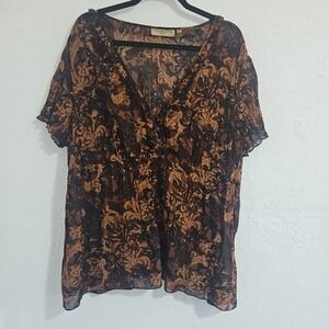 Vtg Notations Top Size 2X Floral Brown Short Sleeve V Neck Y2k Sheer Office 90s
